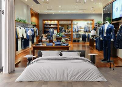 Contemporary men’s clothing store interior with wooden floors, display tables featuring mannequins in blue jeans and white shirts, light gray walls, and stylish LED screen showcasing product informati Wall mural