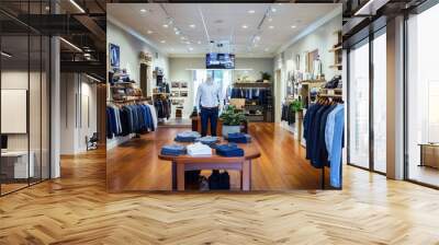 Contemporary men’s clothing store interior with wooden floors, display tables featuring mannequins in blue jeans and white shirts, light gray walls, and stylish LED screen showcasing product informati Wall mural