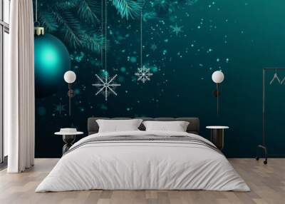 Dark teal background with Christmas ornaments and snowflakes, flat design illustration for web and social media, featuring a blue-green color palette. Wall mural