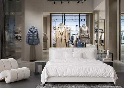 Elegant store interior with mannequins displaying women's winter coats and jackets, modern design, grey walls, concrete floor, and bright lighting. Wall mural