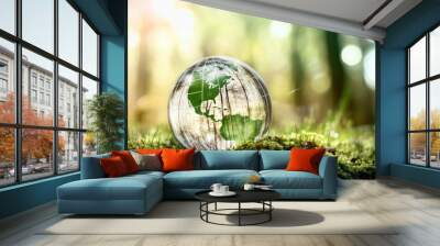 Glass globe resting on mossy ground in a forest, surrounded by a blurred green background, symbolizing an eco-friendly concept and commitment to environmental protection. Wall mural