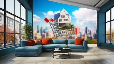 High-resolution photo of a shopping cart with a house model inside, set against a city background with a blue sky and white clouds, representing the real estate concept. Wall mural