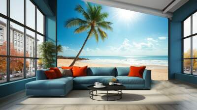 Serene Tropical Beach Scene with Palm Trees, Clear Blue Sky, and Calm Ocean Waves Under the Bright Sun, Perfect for Travel Marketing and Vacation Brochures Wall mural