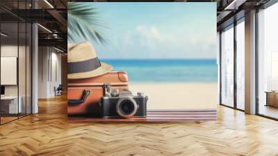 Suitcase, hat, and camera on a wooden table with a beach background, featuring copy space on the right side. Wall mural