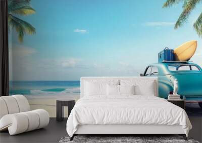 Vintage Car with Luggage and Surfboard on the Beach, Palm Tree and Summer Vacation Concept, Panoramic Banner with Space for Text Wall mural