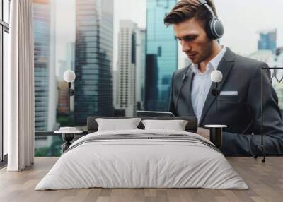 Young businessman in a suit using a tablet and headphones with a modern skyscraper and cityscape background, sharp focus, and bokeh effect. Wall mural