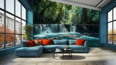 _Panoramic_beautiful_deep_forest_waterfall_in_Thai_ Wall mural