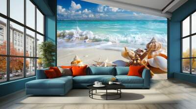 Summer_beach_with_strafish_and_shells_ Wall mural