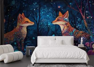 Two Foxes in a Dreamy Night Sky - Colorful Forest Background with Mysterious Stars Wall mural