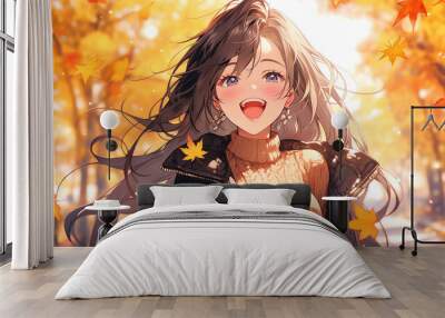 hand drawn beautiful autumn girl illustration Wall mural