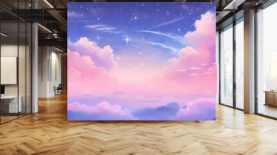 Hand drawn beautiful cartoon night starry sky landscape illustration
 Wall mural