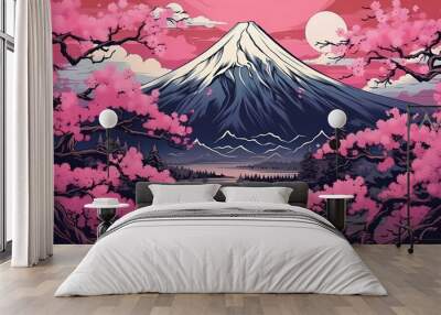 Hand-drawn cartoon beautiful illustration of Mount Fuji scenery in Japan
 Wall mural