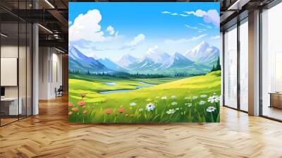 Hand drawn cartoon beautiful outdoor meadow forest and mountains scenery illustration
 Wall mural