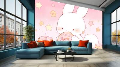 hand drawn cartoon illustration of cute rabbit eating dessert cake
 Wall mural