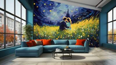 Hand-painted Van Gogh couple illustration under the beautiful starry sky
 Wall mural