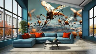 3D rendering of flying mosquitoes swarming around bug spray, showcasing summer pests and the nuisances of bites and stings Wall mural