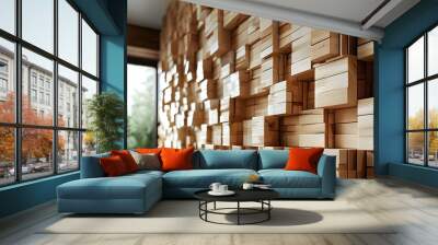 3D visualization of an interlocking light pine wooden wall with intricate block patterns Wall mural