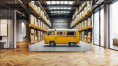 A bright yellow truck was parked in the warehouse, surrounded by neat stacks of goods. Wall mural