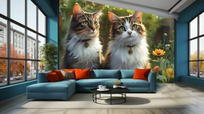 a charming illustration of a cat couple lounging together in a vibrant garden Wall mural