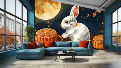 A cute white rabbit and two mooncakes are in the moonlight, surrounded by orange flowers and a night sky background. Wall mural