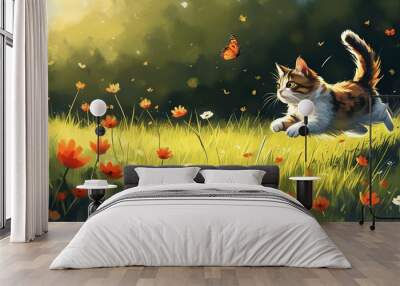 A lovely cat chasing butterflies in the sea of flowers, and the sun shines down on the tranquil scene. Wall mural