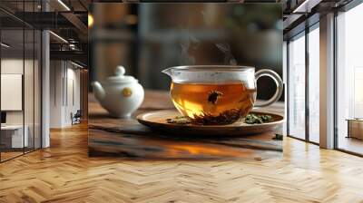 A serene tea setup on a table, blending traditional elegance with modern generative AI elements Wall mural