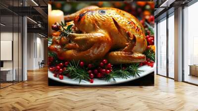 A sumptuous roast turkey filled with red fruits and pine branches is presented on a white plate, next to delicious dishes and red wine Wall mural