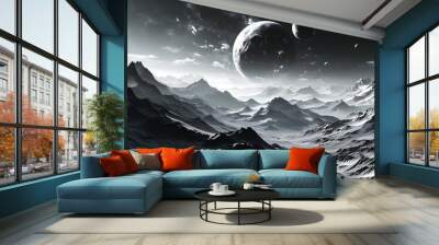 Abstract black and white graphic of a mountainous planet landscape for a modern poster design Wall mural