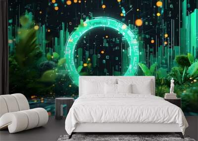 Abstract graphic design featuring a glowing green circle, embodying digital technology and modern aesthetics Wall mural