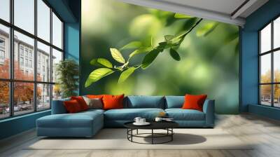 Abstract portrayal of vibrant green foliage with soft bokeh background, highlighting the fresh beauty of nature and essence of sunlight on blurred tree leaves Wall mural