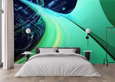 Abstract poster background featuring geometric curves in green and blue digital technology design Wall mural