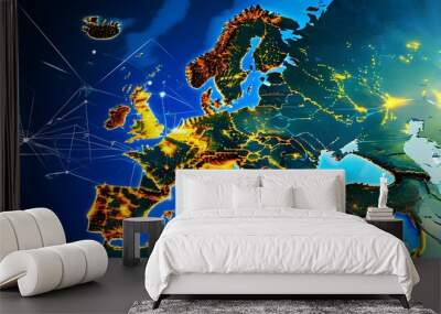 Abstract representation of European telecommunication networks showcasing global connectivity and advanced communication technology across Western Europe Wall mural