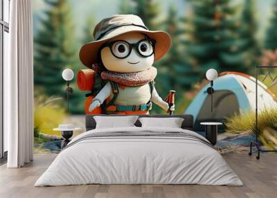 adorable 3D character enjoying a camping adventure during vacation with trekking gear and scenic nature backdrop Wall mural