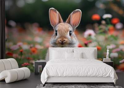 adorable bunny nestled among vibrant flowers in a sunny field Wall mural