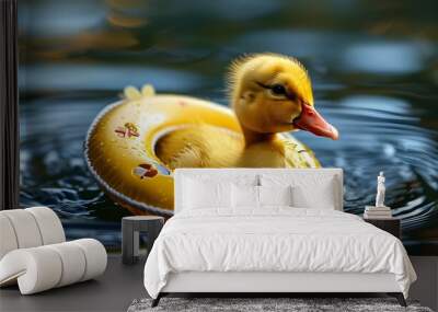 Adorable duckling paddling in water beside a bright yellow lifebuoy Wall mural