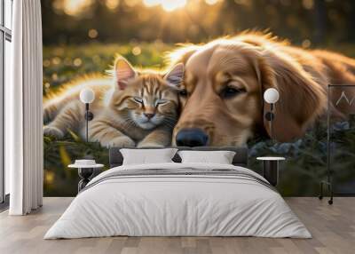 Adorable kitten resting peacefully on warm Golden Retriever fur Wall mural