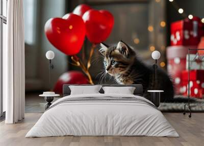 Adorable kitten surrounded by red balloons, perfect Valentines Day setting Wall mural