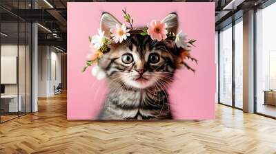 Adorable kitten with flower crown on pink background, embodying spring beauty and Easter joy, perfect for invitations and greeting cards Wall mural