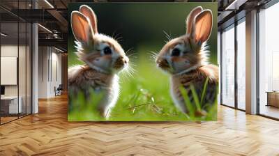 Adorable little rabbits nestled together in a vibrant meadow Wall mural