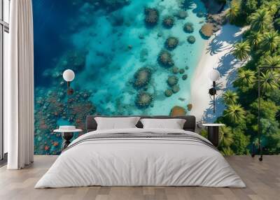 Aerial view of a tropical paradise showcasing turquoise waters, palm-fringed white sandy beaches, and vibrant coral reefs bustling with diverse marine life Wall mural