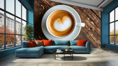 Aerial view of a white coffee cup on a rustic wooden table Wall mural