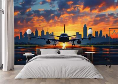 Airplane Silhouette Landing Over City Skyline Against Dramatic Sky Wall mural