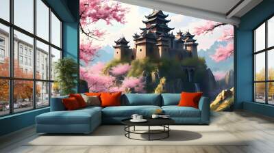 Ancient Asian Castle Surrounded by Cherry Blossom Forest in a Captivating Natural Landscape Wall mural