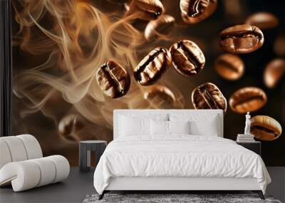 Aromatic close-up of roasted coffee beans with rising smoke, capturing the rich essence of a fresh espresso experience Wall mural