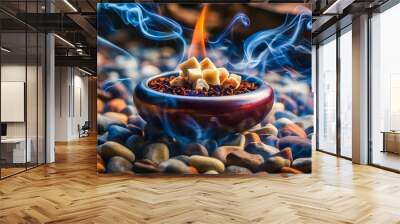 Aromatic incense and burning herbs in a beautifully crafted incense bowl Wall mural