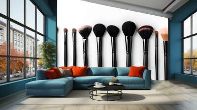 Array of makeup brushes on white background showcasing beauty tools and professional cosmetic applicators Wall mural