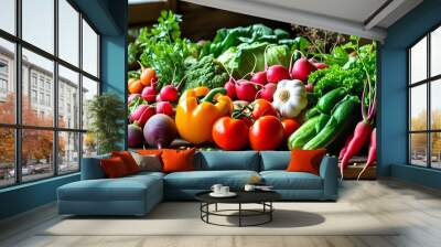 Artfully arranged fresh organic vegetables on a rustic table showcasing vibrant colors and natural textures Wall mural