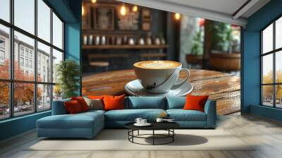 Artistic Latte Design on Rustic Table in a Cozy Coffee Shop Environment Wall mural