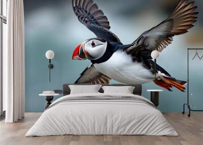 Atlantic puffin soaring gracefully through the sky Wall mural