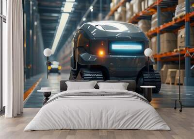 Autonomous Robot Gliding Through Aisles of a Cutting-Edge Warehouse with Illuminated Features Wall mural